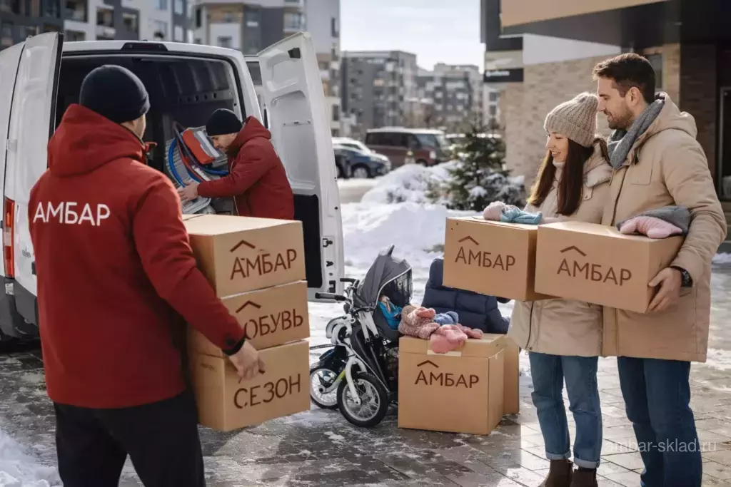 Сотрудники Амбар забирают детские вещи, велосипед и сезонную одежду у жилого комплекса в Московском регионе.