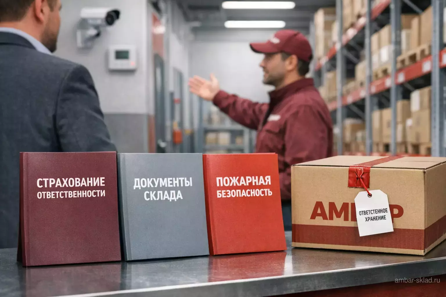 Документы страхования ответственности и безопасности склада «Амбар» на фоне зоны ответственного хранения с видеонаблюдением и пломбой