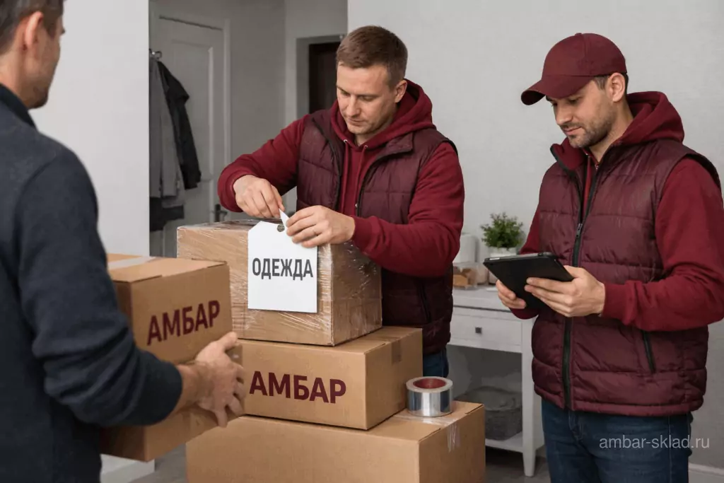 Сотрудники «Амбар» упаковывают и маркируют коробки в квартире перед забором вещей на хранение
