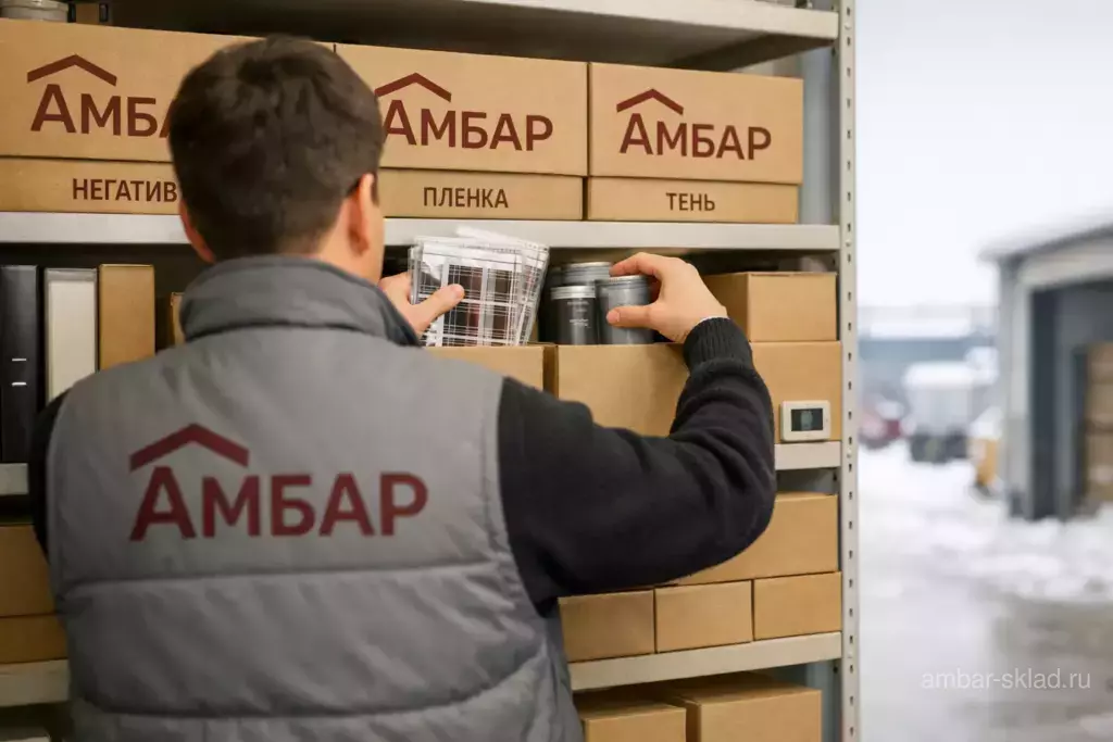 Сотрудник Амбар размещает проявленные негативы и неотснятую фотоплёнку по отдельным зонам хранения у зимнего входа на склад.