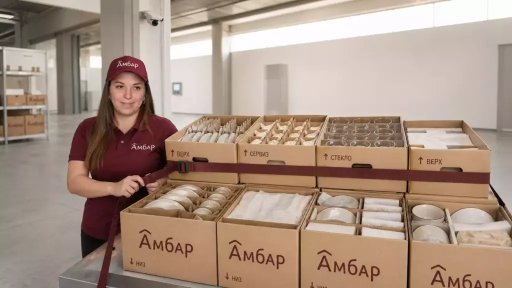 Сотрудник Амбар фиксирует коробки с упакованной посудой ремнем, оставляя хрупкие предметы сверху и тяжелую утварь снизу.