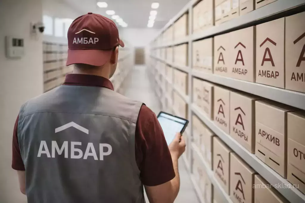 Сотрудник Амбар сортирует бумажные документы по коробам в зоне подготовки архива