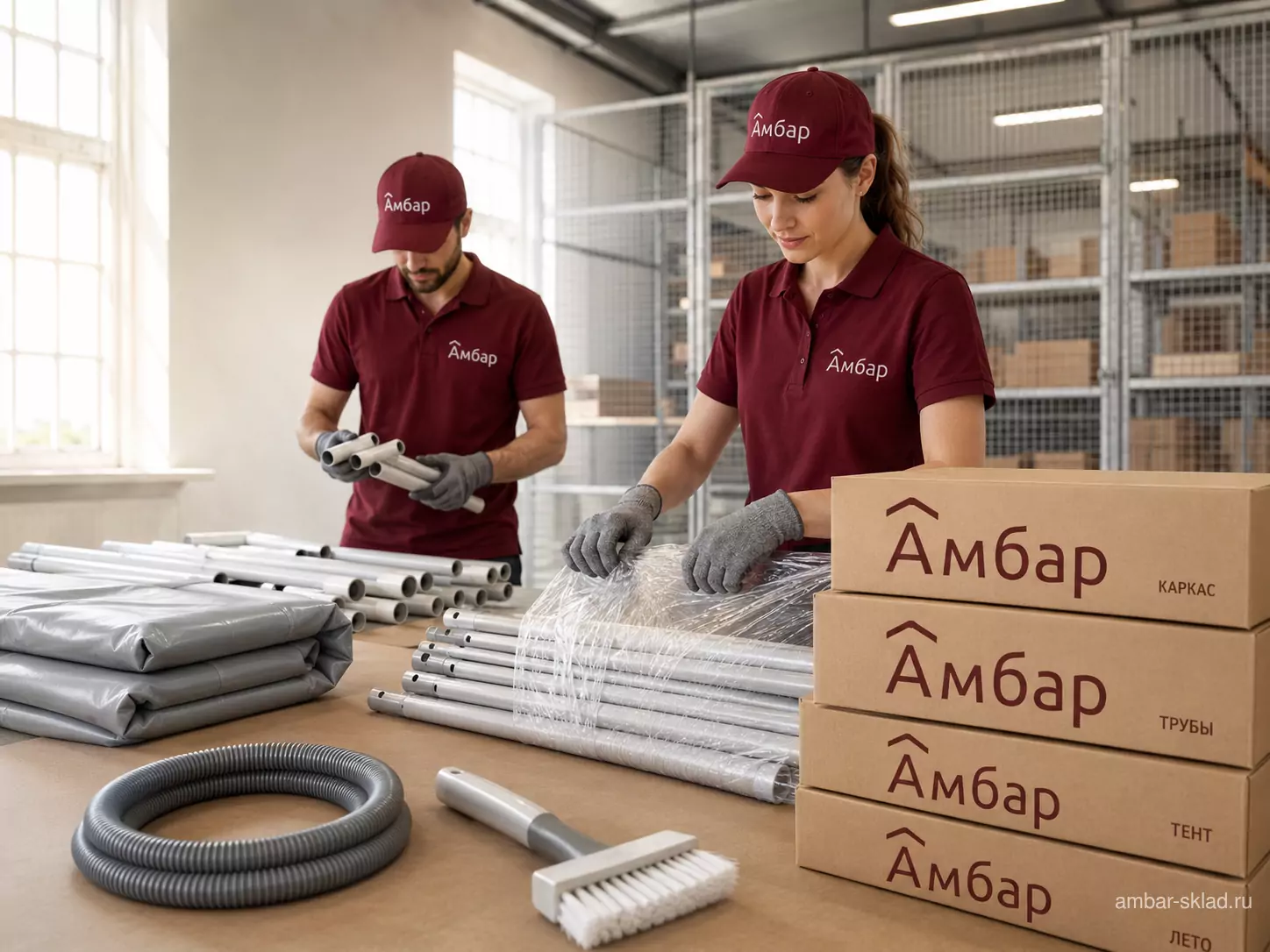 Два сотрудника АМБАР сортируют и упаковывают элементы каркаса бассейна для зимнего хранения.