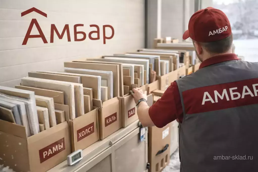Вертикально расставленные картины в защитных чехлах и коробках АМБАР на зимней уличной зоне современного склада