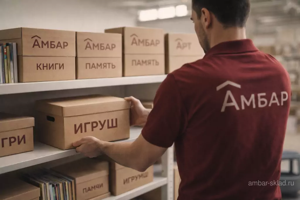 Сотрудник Амбар расставляет коробки с игрушками, книгами и памятными детскими вещами по зонам хранения в современном складском боксе