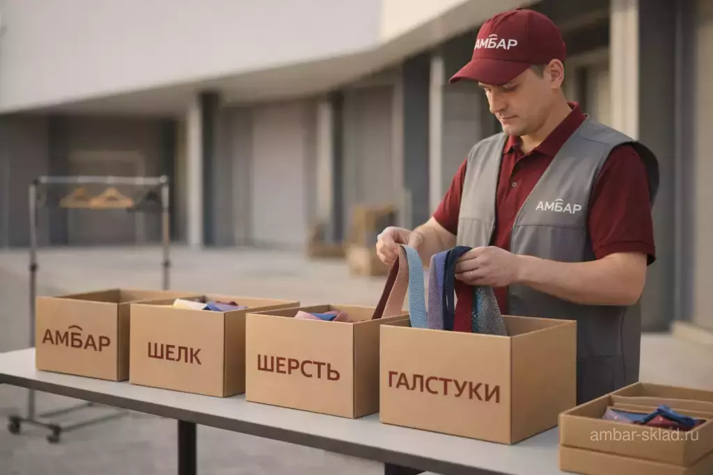 Сотрудник АМБАР сортирует галстуки по типу ткани перед размещением в фирменные коробки на летней площадке склада