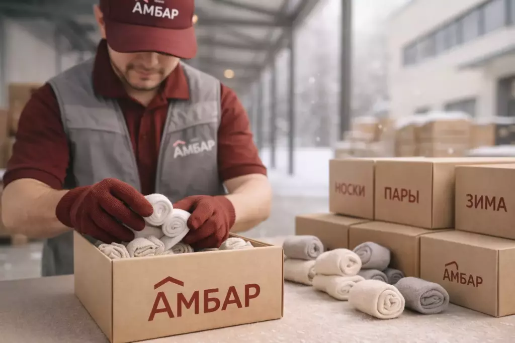 Сотрудник АМБАР аккуратно складывает пары носков в крафт-коробку в зимней зоне приёмки у склада