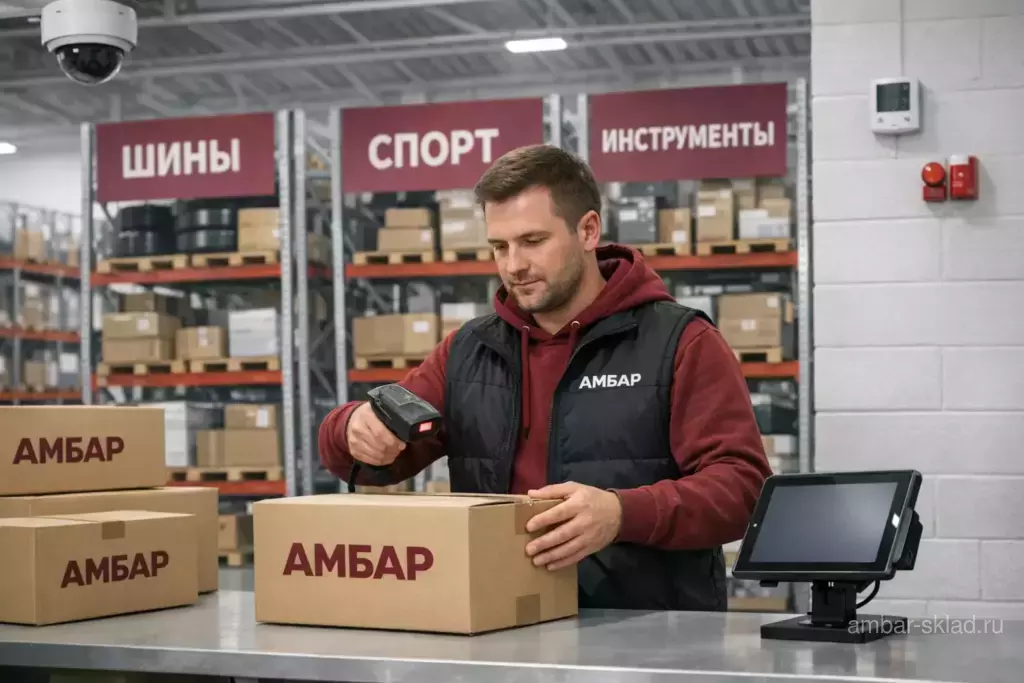 Сотрудник «Амбар» принимает и сканирует коробки на складе; бирки «ШИНЫ», «СПОРТ», «ИНСТРУМЕНТЫ» — безопасное хранение вместо гаража.
