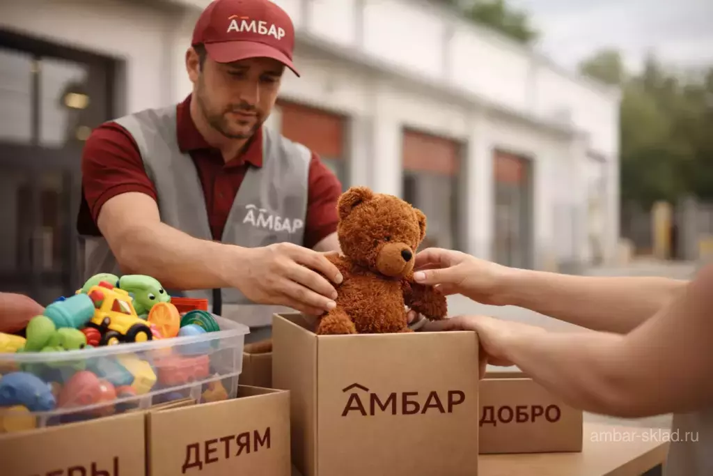 Сотрудник Амбар на летней уличной зоне аккуратно принимает детские игрушки для передачи и сортирует их в брендированные крафт-коробки.