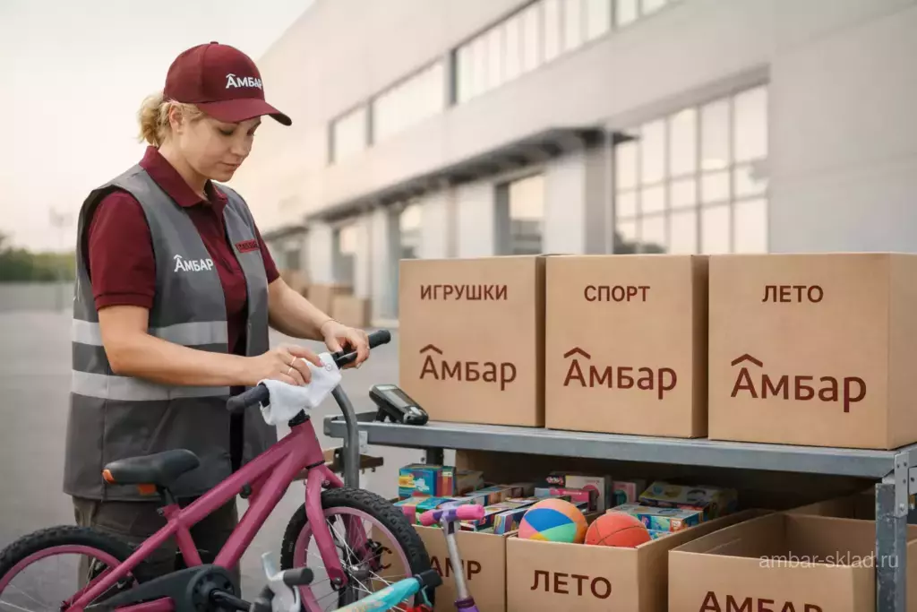 Сотрудник Амбар на летней площадке у склада подготавливает детские игрушки и спортивные вещи к передаче или хранению.