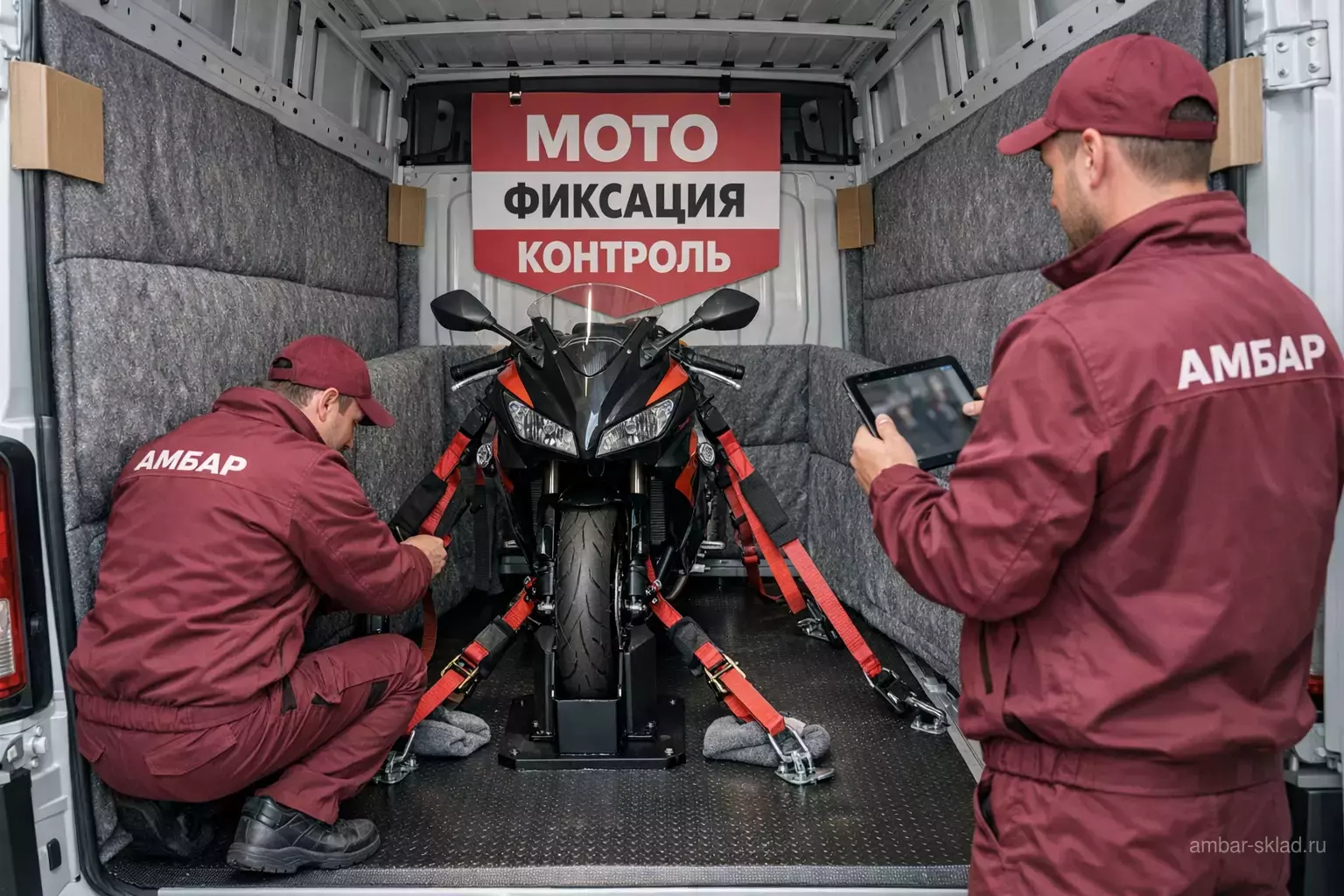 Мотоцикл внутри грузового фургона закреплён ремнями к анкерным точкам, переднее колесо в упоре, защитные материалы по бокам; сотрудник «Амбар» проверяет фиксацию.