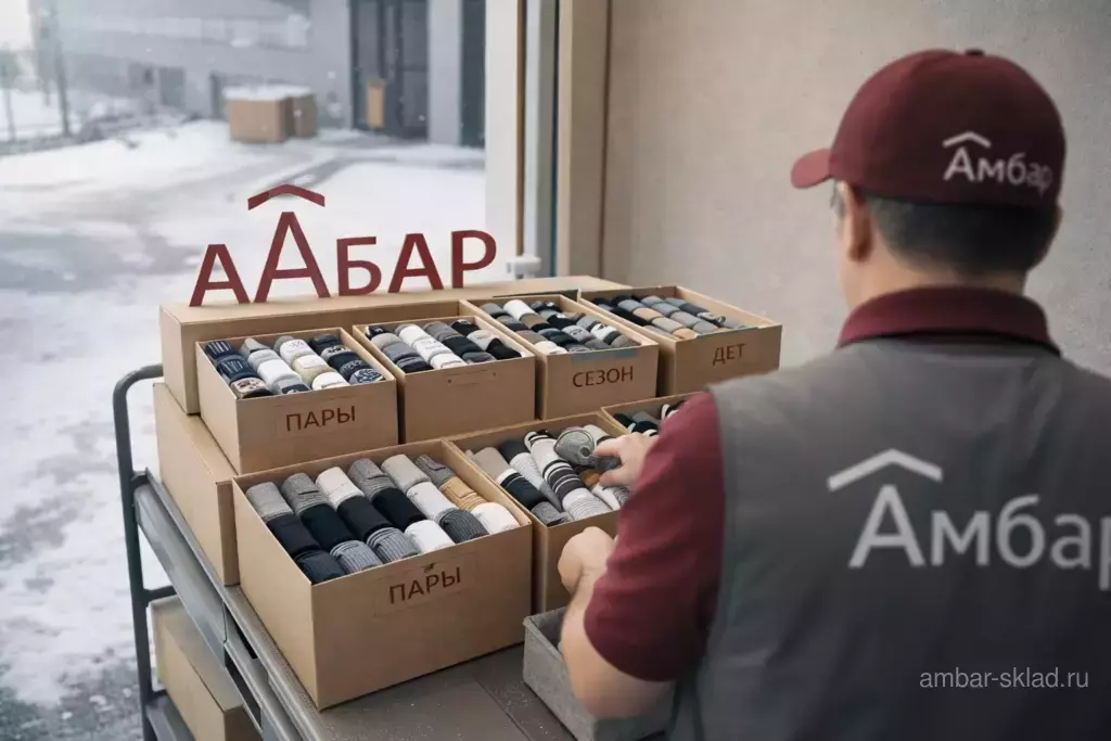 Организованное хранение носков в коробках АМБАР у зимнего входа современного склада