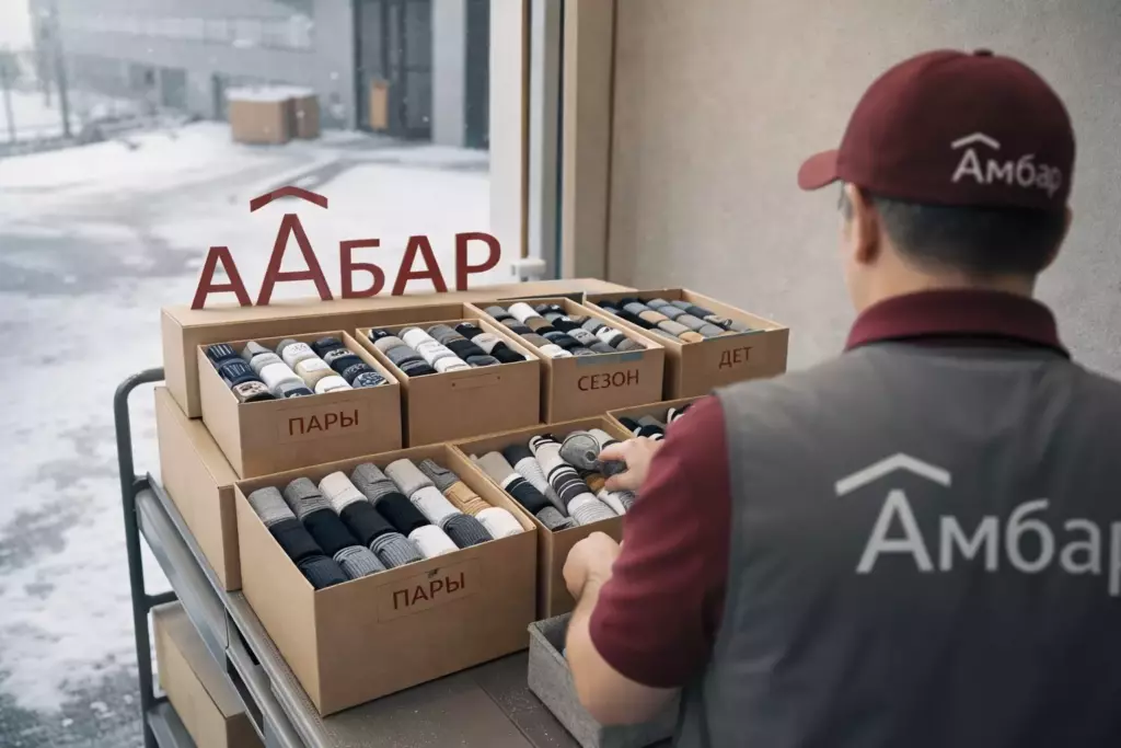 Организованное хранение носков в коробках АМБАР у зимнего входа современного склада