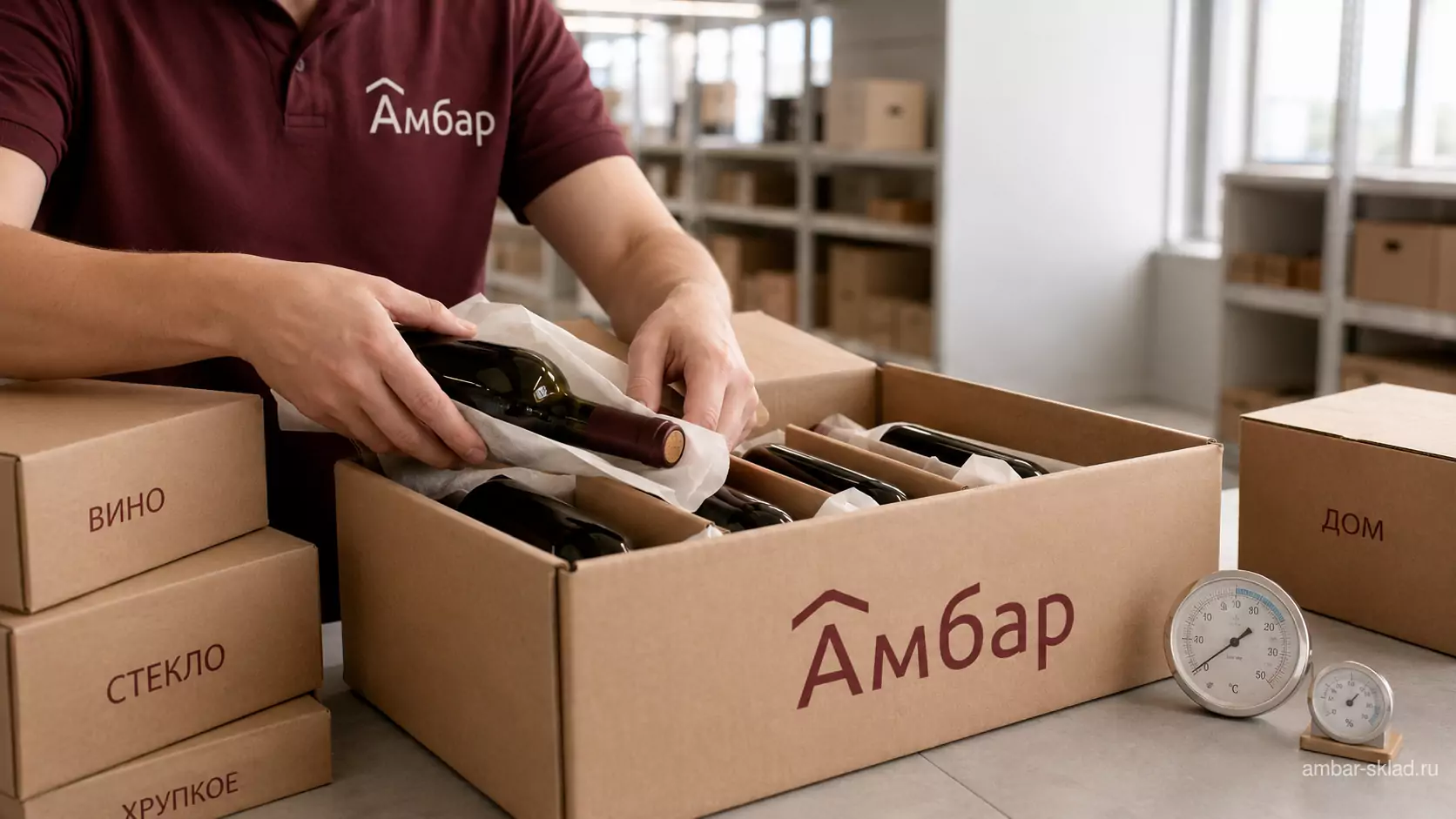 Сотрудник АМБАР аккуратно упаковывает бутылки вина в горизонтальный разделитель для бережного хранения.