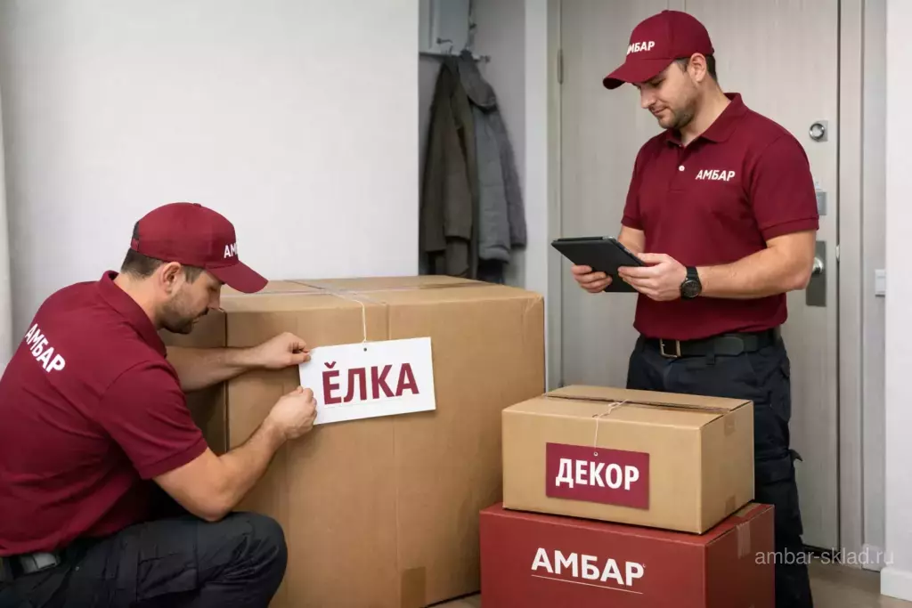 Сотрудники «Амбар» принимают упакованную искусственную ёлку у двери квартиры и оформляют хранение по бирке «ЁЛКА»