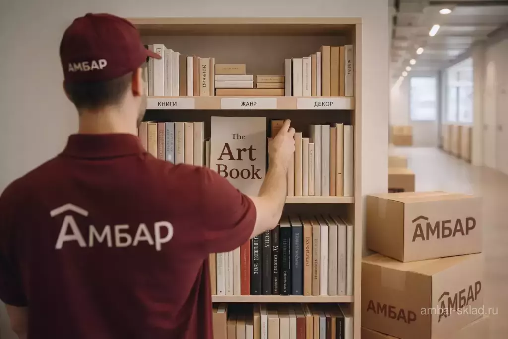 Сотрудник АМБАР создает гармоничную композицию книжного шкафа по размеру и темам в современном складе зимой