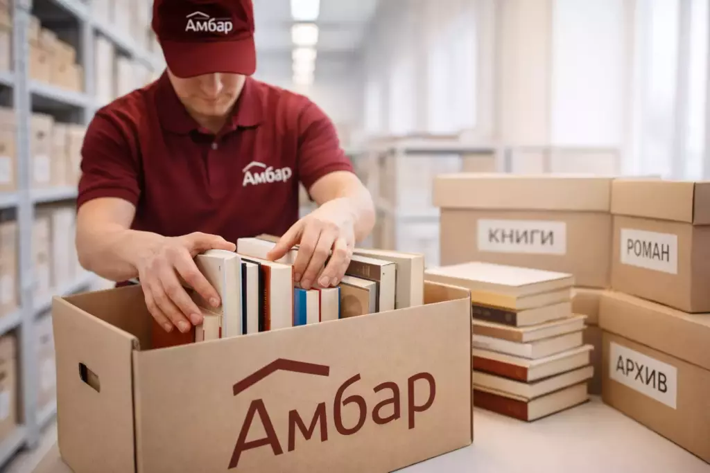 Сотрудник АМБАР аккуратно расставляет книги вертикально и горизонтальными стопками в крафт-коробке на современном складе хранения зимой