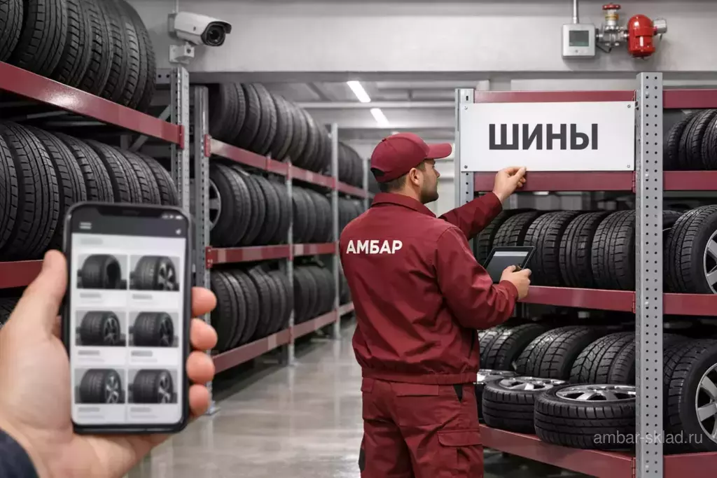 Шины на чистом тёплом складе «Амбар» в Москве: стеллажи, видеонаблюдение, датчики и учёт через личный кабинет.