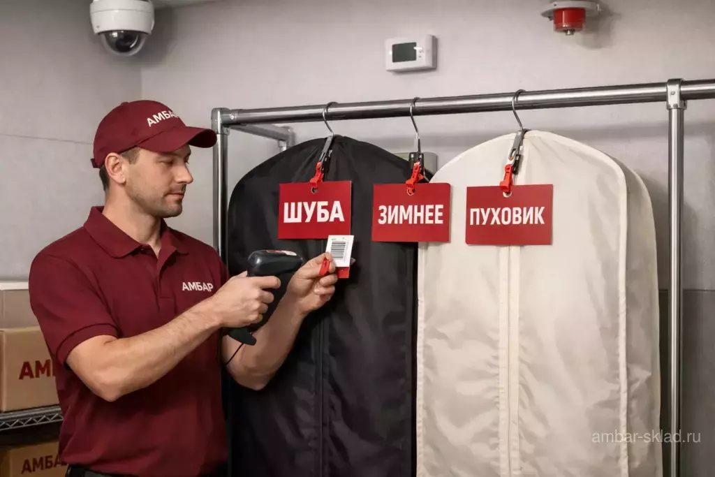 Шуба и пуховик в дышащих чехлах на складе «Амбар»: сотрудник сканирует бирку, видны датчик влажности и камера наблюдения.