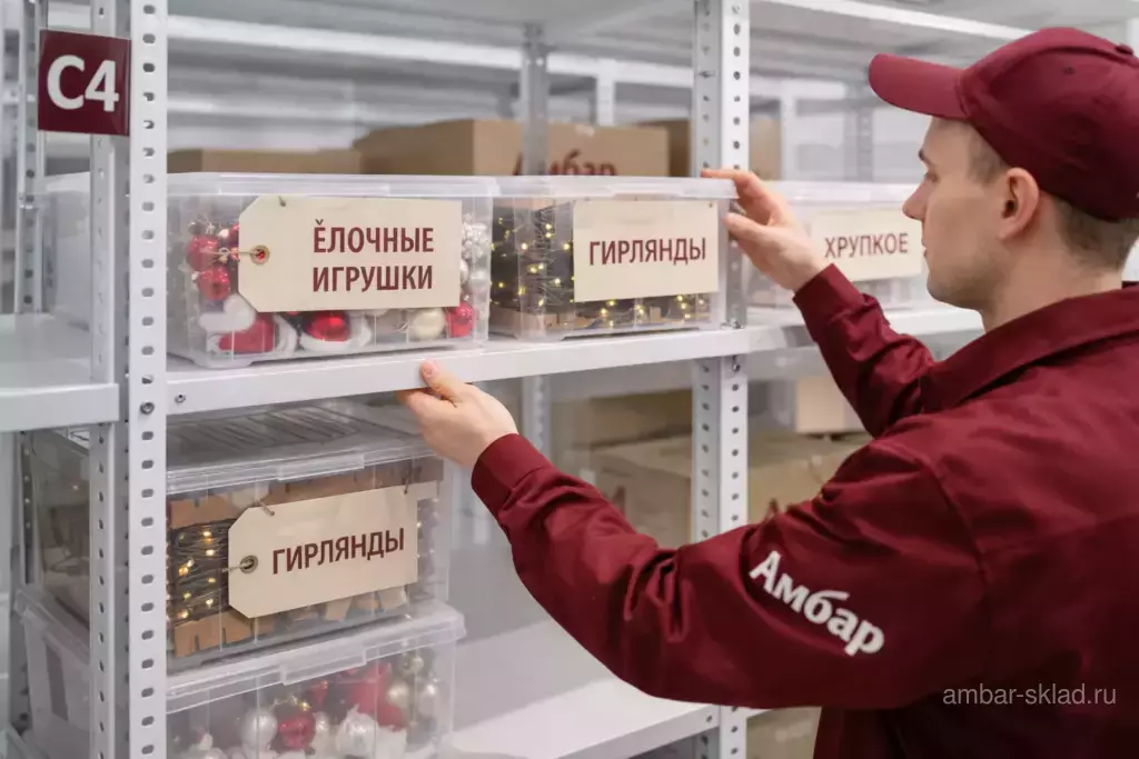 Контейнеры с ёлочными игрушками и гирляндами на стеллаже склада «Амбар» с крупными подписями