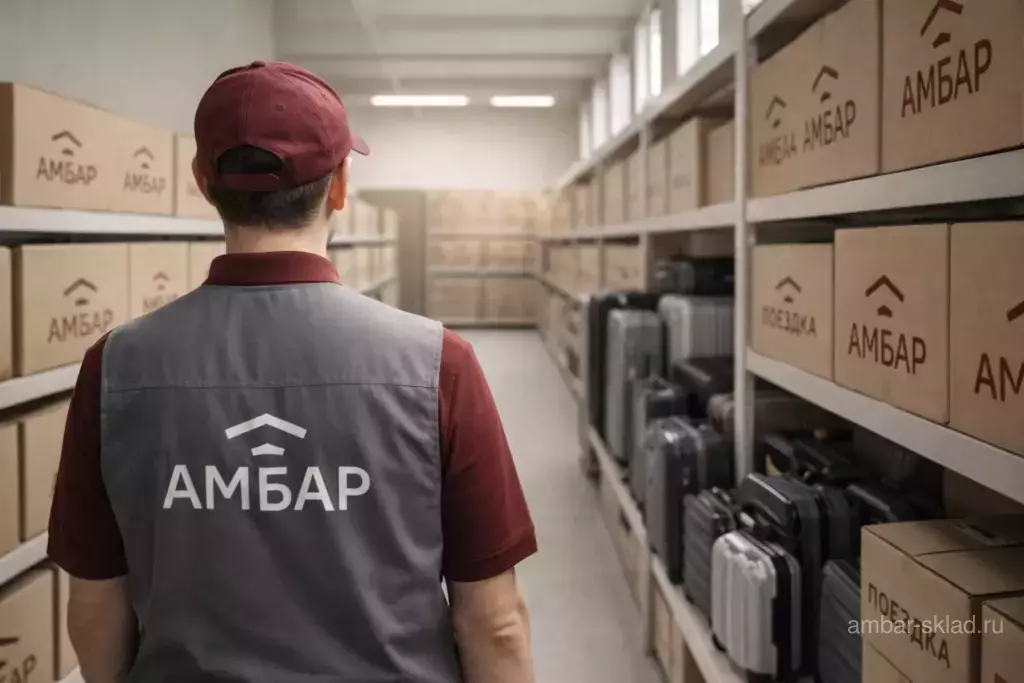 Сотрудник АМБАР осматривает аккуратную зону хранения чемоданов и дорожных вещей на складе