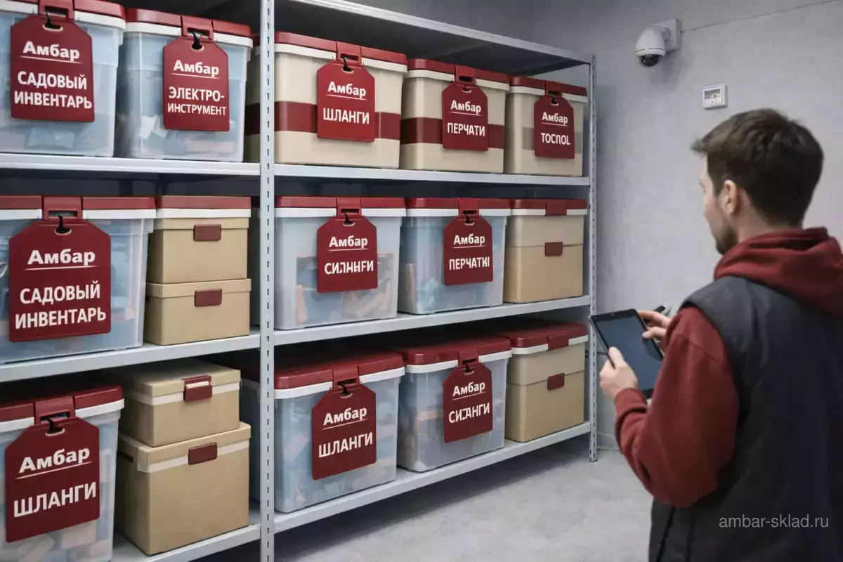 Садовый инвентарь на хранении на складе «Амбар»: контейнеры на стеллажах, пломбы и контроль условий