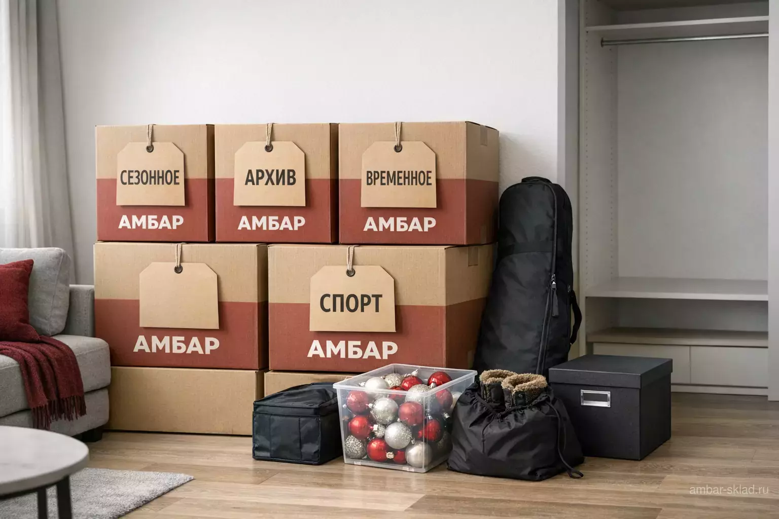 Светлая квартира в Москве после расхламления: коробки «АМБАР» с бирками «СЕЗОННОЕ», «АРХИВ», «ВРЕМЕННОЕ», «СПОРТ» и освобождённое пространство.