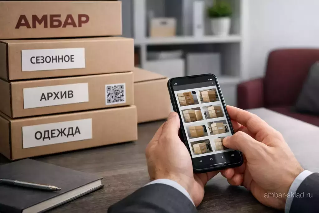 Клиент держит смартфон с личным кабинетом хранения (интерфейс без читаемого текста); рядом брендированные коробки «АМБАР» с бирками «СЕЗОННОЕ», «АРХИВ», «ОДЕЖДА».