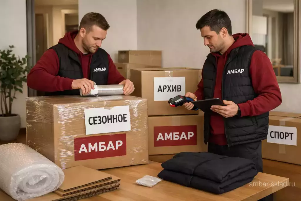 Сотрудники «Амбар» упаковывают и маркируют коробки для хранения: порядок, безопасность и экономия времени