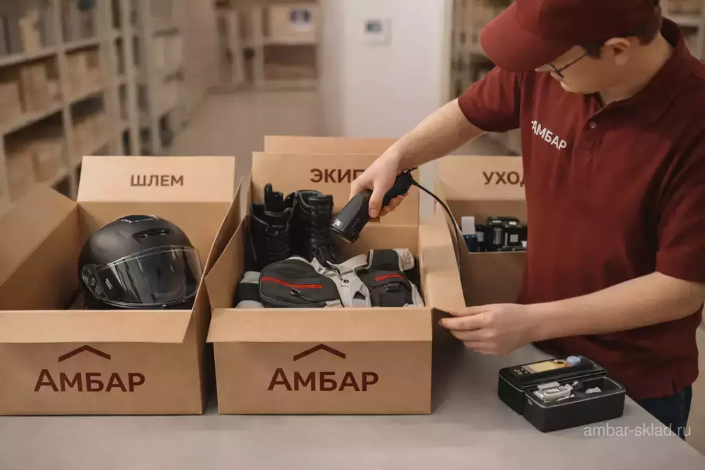 Экипировка и аксессуары для мотоцикла аккуратно сортируются на складе Амбар перед длительным хранением