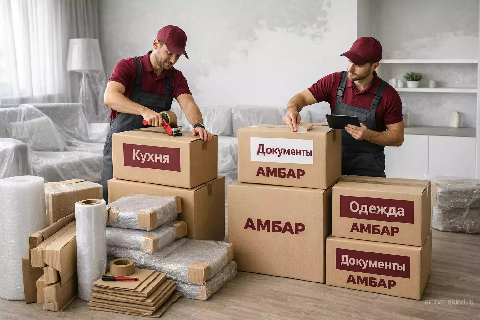 Сотрудники «Амбар» упаковывают и маркируют вещи в квартире перед ремонтом, готовя мебель и имущество к хранению на складе.