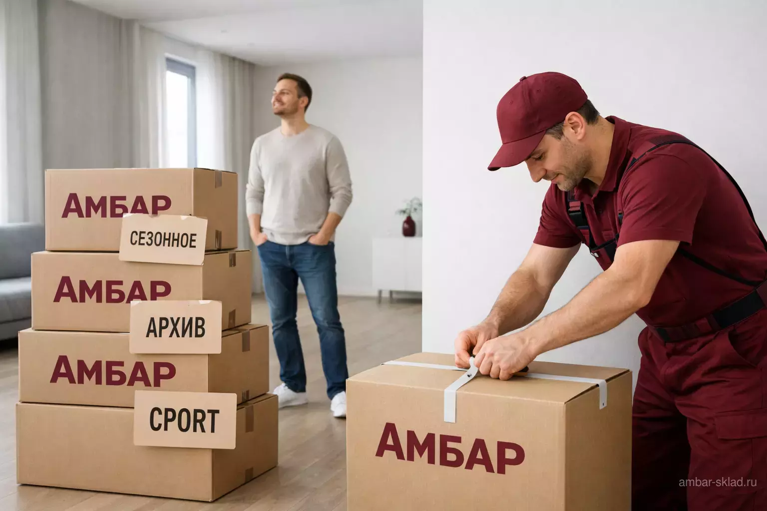 Свободная комната после расхламления: коробки «АМБАР» с бирками «Сезонное», «Архив», «Спорт»