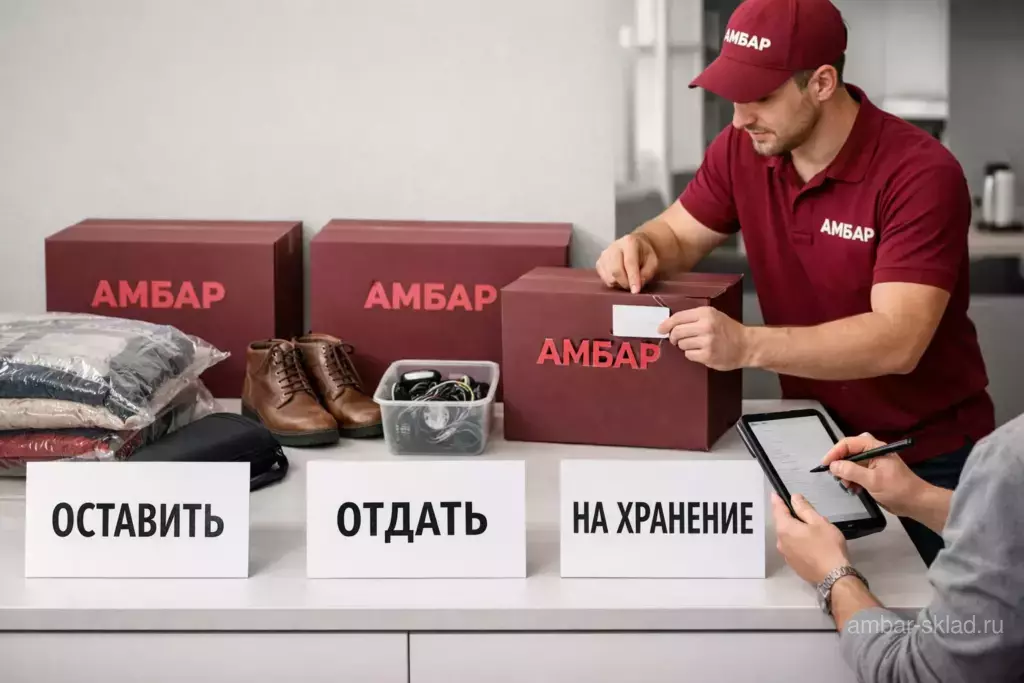 Сортировка вещей по методу трёх коробок: «Оставить», «Отдать», «На хранение» в коробках «АМБАР»