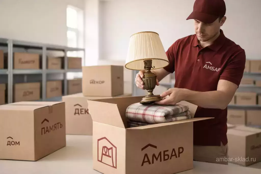 Сотрудник Амбар бережно укладывает памятные старые вещи в фирменную крафт-коробку в светлой зоне приёмки склада