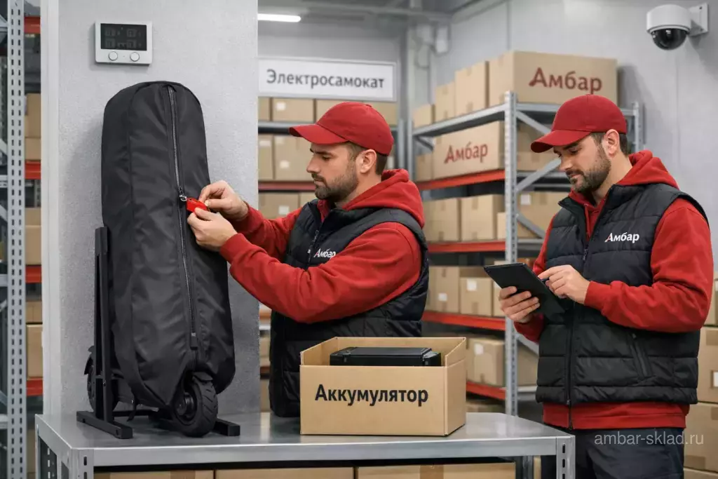 Зимнее хранение электросамоката на складе Амбар: чехол, отдельное хранение аккумулятора, контроль условий — Москва