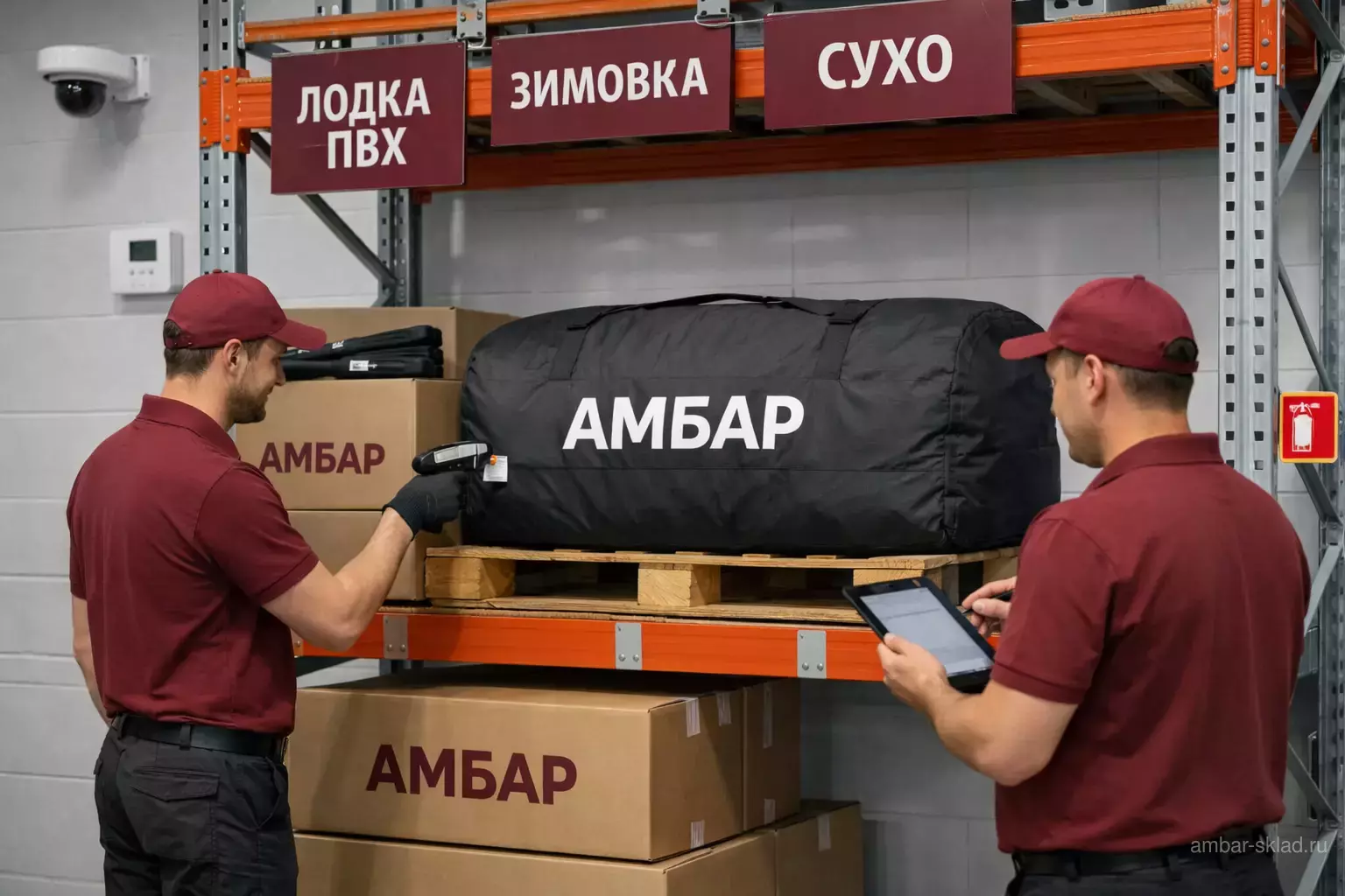 "Лодка ПВХ в фирменном чехле «АМБАР» на стеллаже: сотрудники сканируют бирку, контроль безопасности и условий хранения на складе"